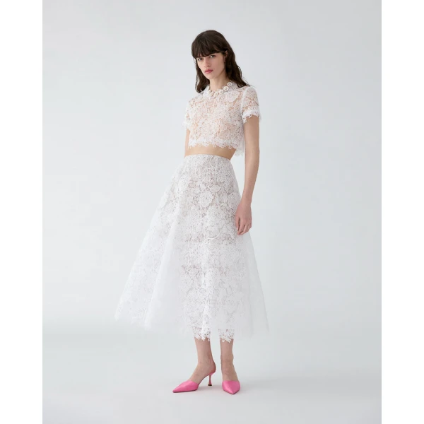 Carolina Herrera Hydrangea Lace Midi Skirt in White, view 2