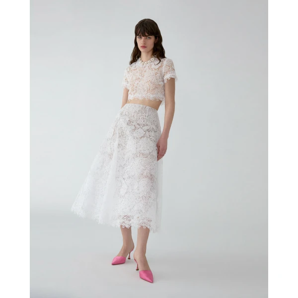 Carolina Herrera Hydrangea Lace Midi Skirt in White, view 4