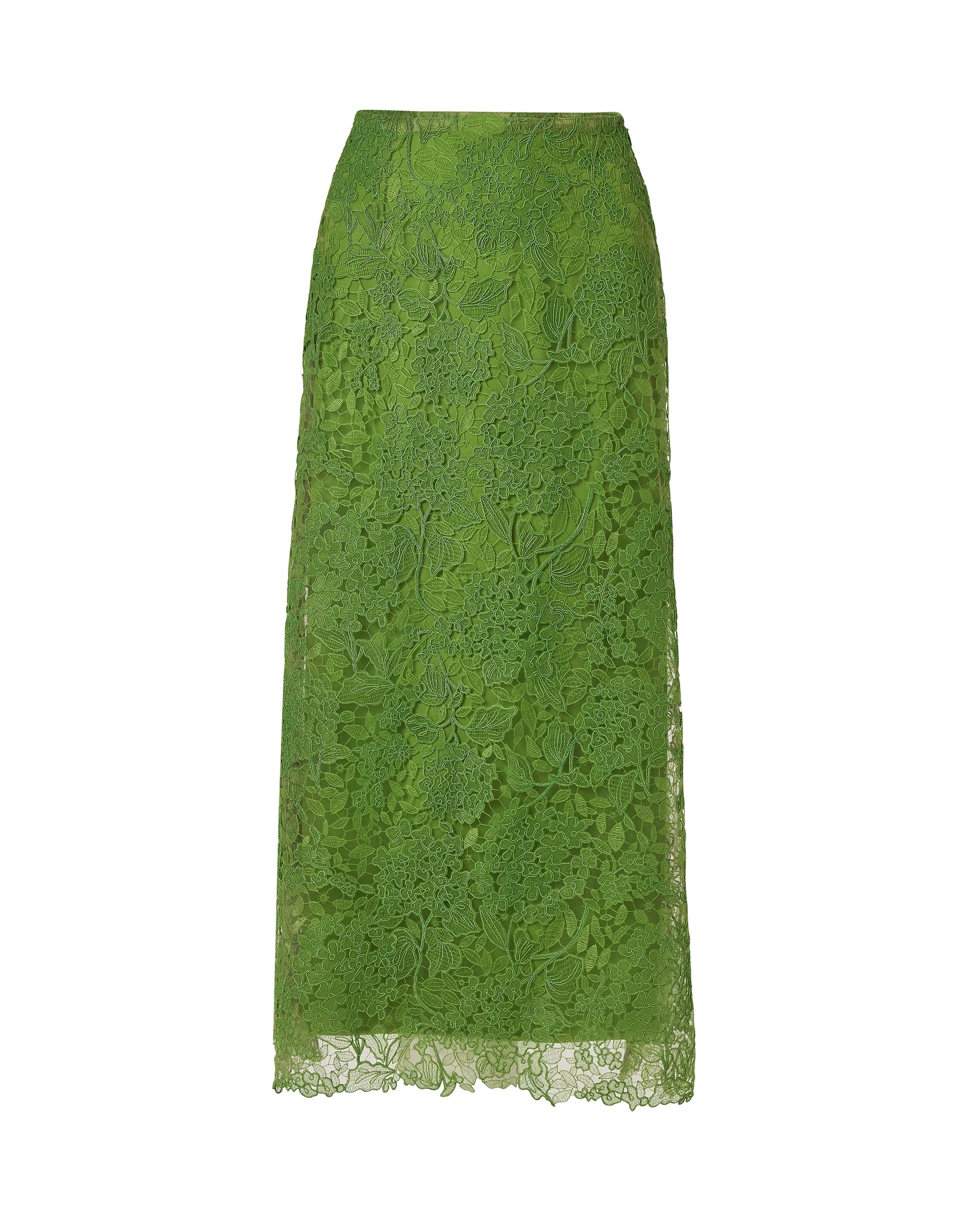 Carolina Herrera Hydrangea Lace Midi Slip Skirt in Lawn Green | Skirts | Luxury Shoes Carolina Herrera Hydrangea Lace Midi Slip Skirt in Lawn Green