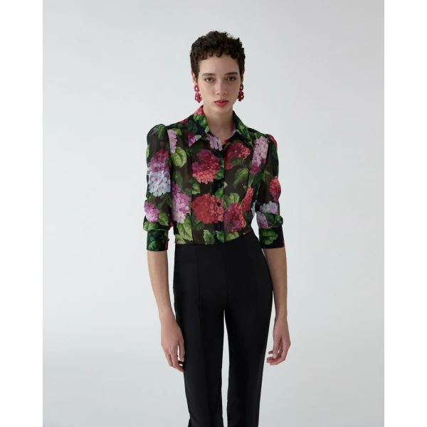 Carolina Herrera Hydrangea-Print Chiffon Blouse, view 4