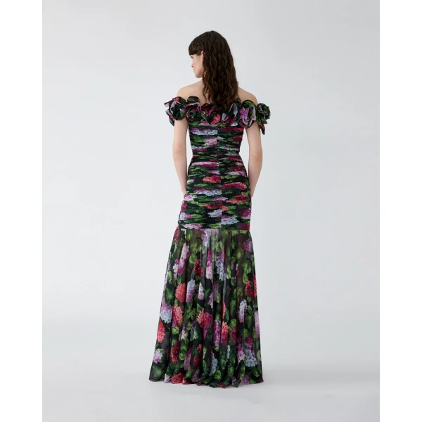 Carolina Herrera Hydrangea-Print Chiffon Off-Shoulder Gown, view 3