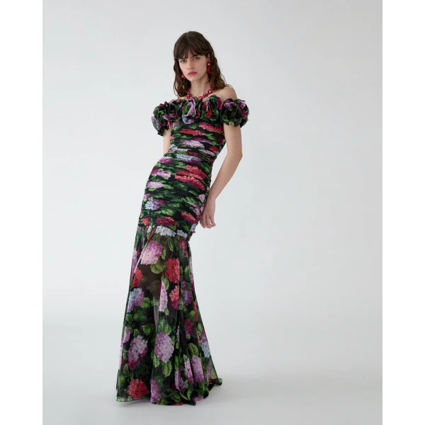 Carolina Herrera Hydrangea-Print Chiffon Off-Shoulder Gown, view 4
