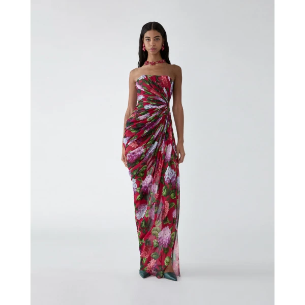 Carolina Herrera Hydrangea-Print Draped Chiffon Gown, view 2