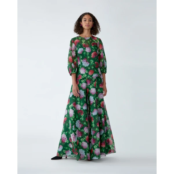 Carolina Herrera Hydrangea-Print Organza Puff-Sleeve Top, view 2