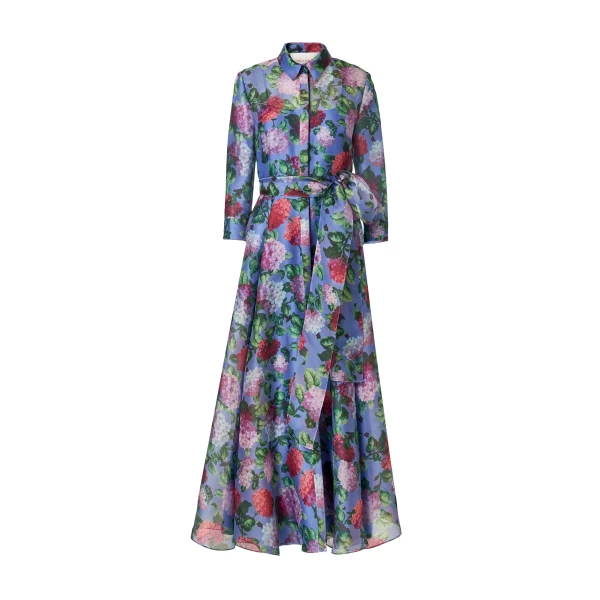 Hydrangea-Print Organza Trench Dress