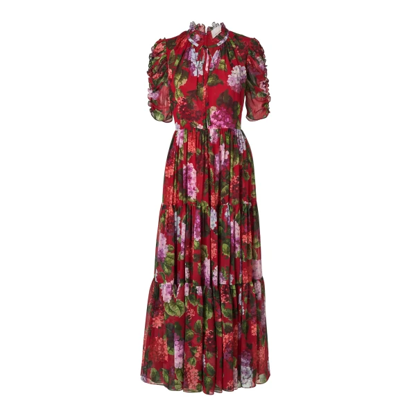 Hydrangea-Print Tiered Chiffon Dress