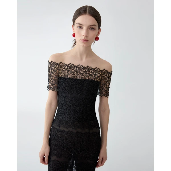 Carolina Herrera Lace-Trimmed Tulle Off-Shoulder Dress in Black, view 5