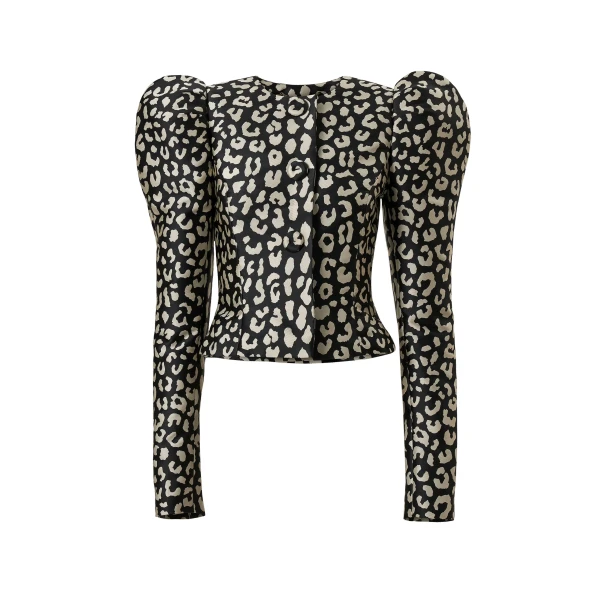 Leopard Spot Jacquard Puff-Sleeve Jacket