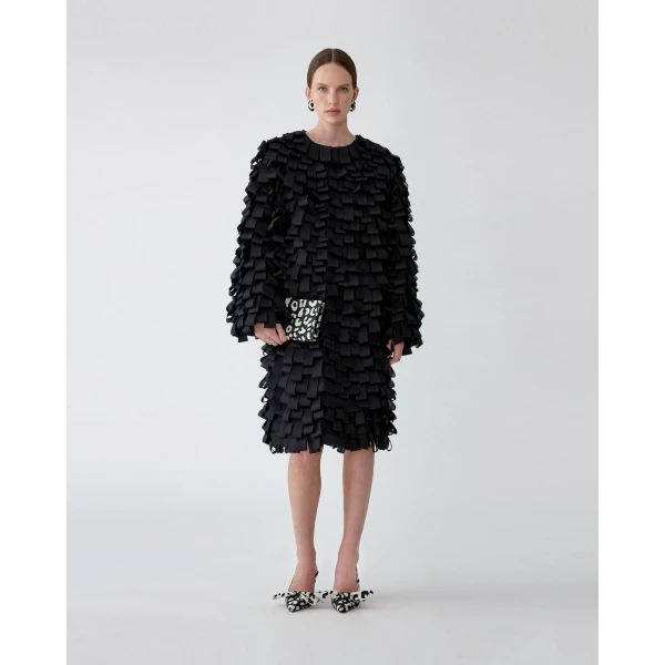 Carolina Herrera Loop-Embroidered Organza Coat in Black, view 2