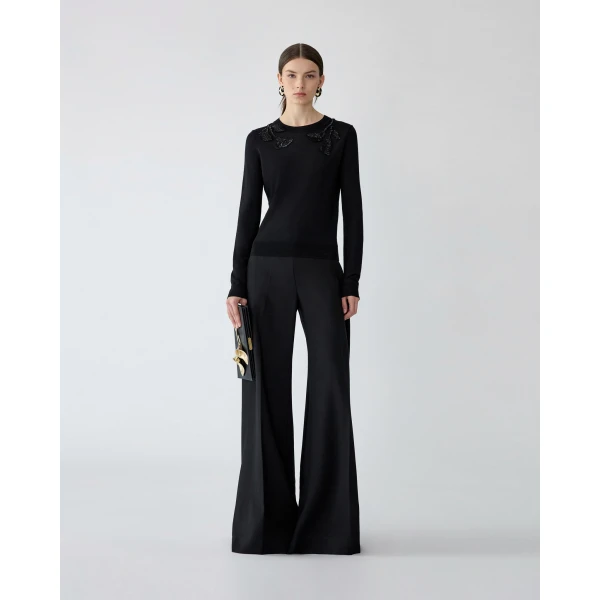 Carolina Herrera Merino-Silk Sweater with Floral Embroidery in Black, view 2