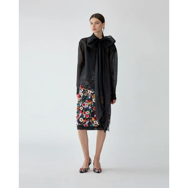 Carolina Herrera Multicolor Floral-Embroidered Organza Pencil Skirt, view 2