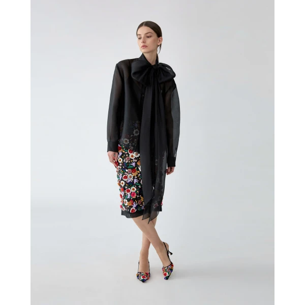 Carolina Herrera Multicolor Floral-Embroidered Organza Pencil Skirt, view 4