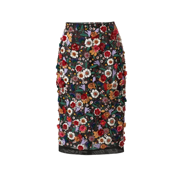Carolina Herrera Multicolor Floral-Embroidered Organza Pencil Skirt