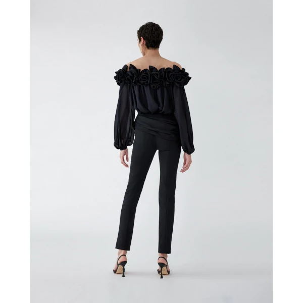 Carolina Herrera Off-Shoulder Chiffon Top with Rosettes in Black, view 3