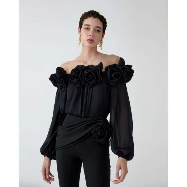 Carolina Herrera Off-Shoulder Chiffon Top with Rosettes in Black, view 4
