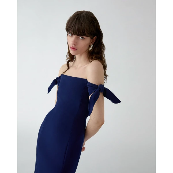 Carolina Herrera Off-Shoulder Midi Dress With Ties in Midnight, view 4