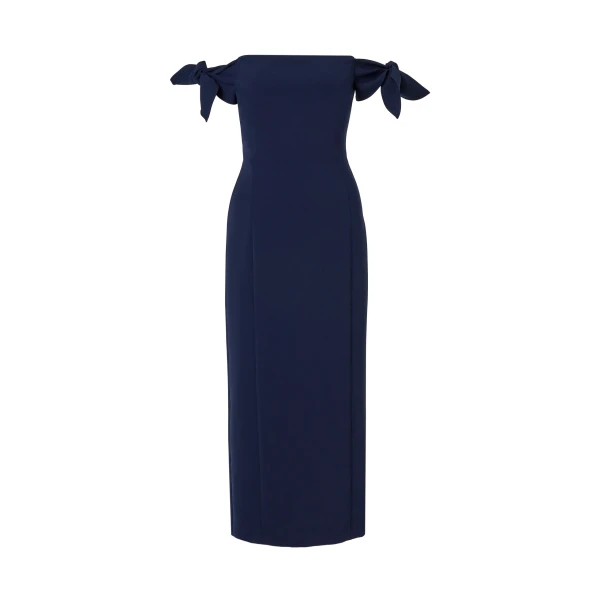 Off-Shoulder Midi Dress With Ties in Midnight