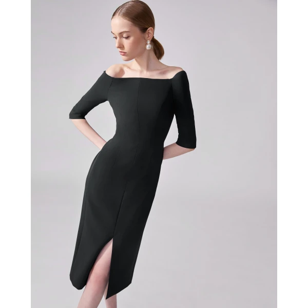 Carolina Herrera Off-Shoulder Midi Dress in Black, view 4