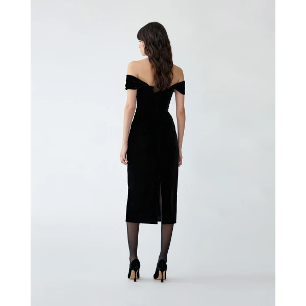 Carolina Herrera Off-Shoulder Stretch Velvet Midi Dress in Black, view 3