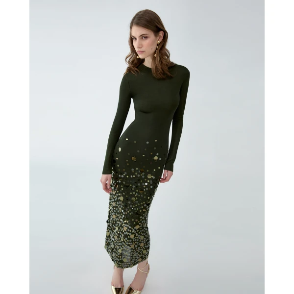 Carolina Herrera Paillette-Embroidered Knit Dress in Forest Green, view 4