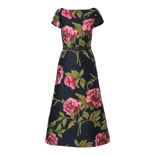 Peony Jacquard Belted Midi Dress