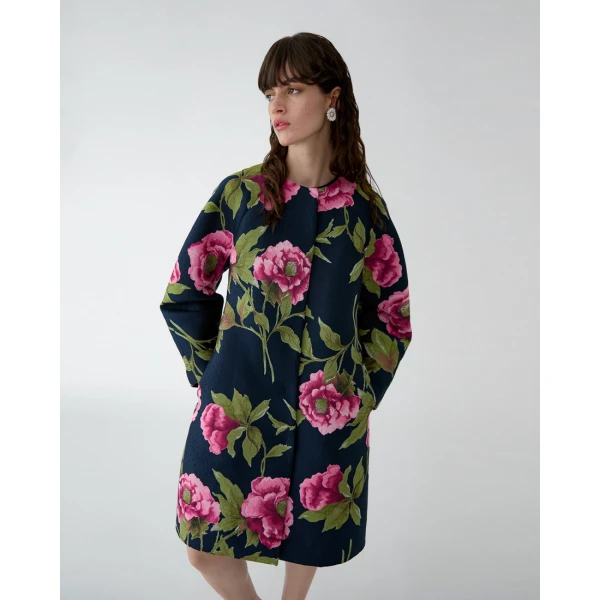 Carolina Herrera Peony Jacquard Cocoon Coat, view 4