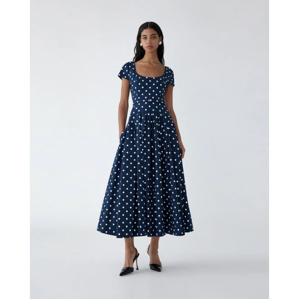 Carolina Herrera Polka Dot Scoop-Neck Midi Dress, view 2