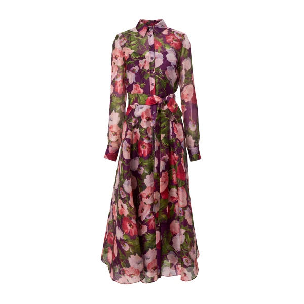 Poppy-Print Organza Trench Dress