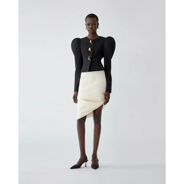 Carolina Herrera Puff Sleeve Jacket with Calla Lily Buttons in Black, view 2