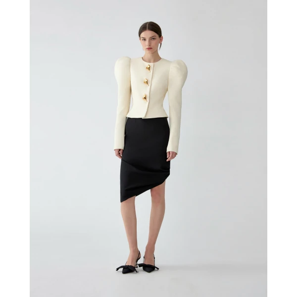 Carolina Herrera Puff Sleeve Jacket with Calla Lily Buttons in Ivory, view 2