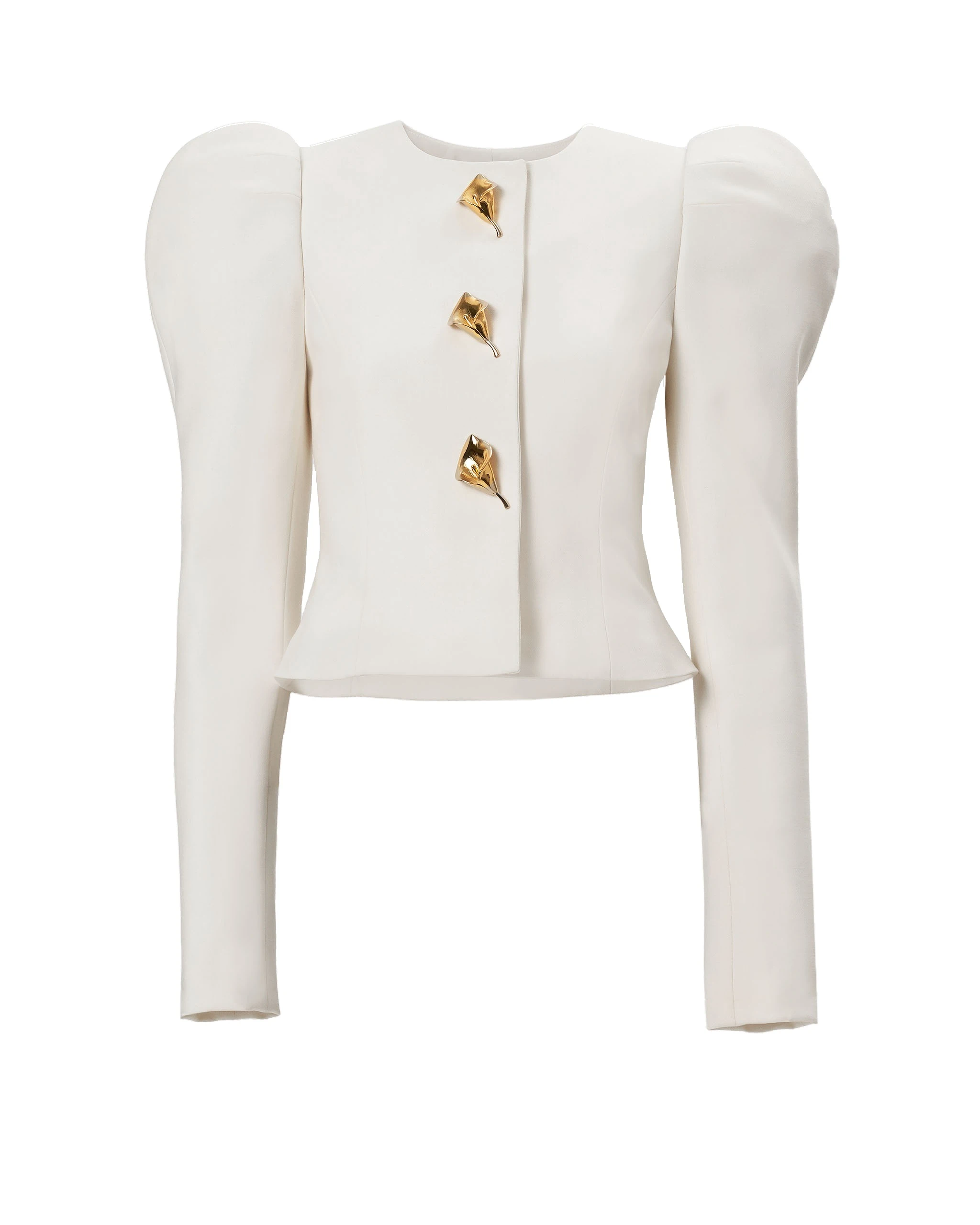 Carolina Herrera Puff Sleeve Jacket with Calla Lily Buttons in Ivory | Jackets | Luxury Shoes Carolina Herrera Puff Sleeve Jacket with Calla Lily Buttons in Ivory