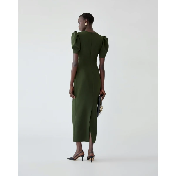 Carolina Herrera Puff-Sleeve Midi Dress in Forest Green, view 3