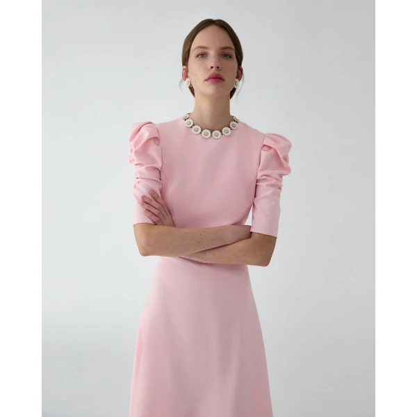 Carolina Herrera Puff-Sleeve Midi Dress in Rosewater, view 4