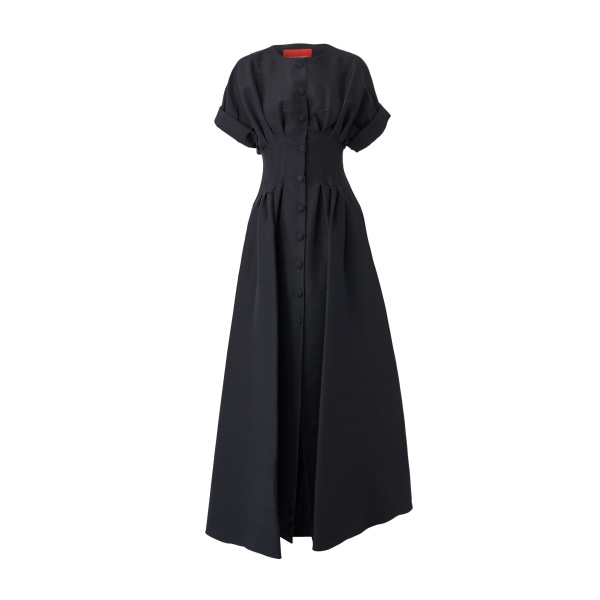 Carolina Herrera Rolled Sleeves Button-Front Gown in Black
