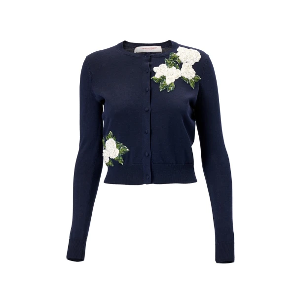 Carolina Herrera Rose-Embroidered Cardigan in Midnight