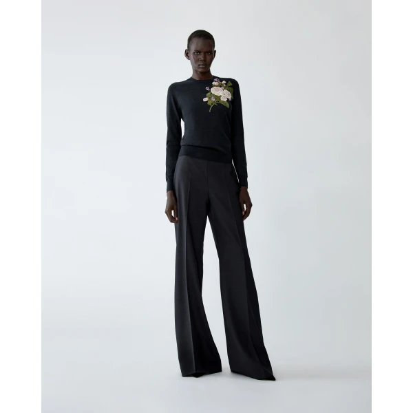 Carolina Herrera Rose-Embroidered Merino Wool Sweater in Charcoal Grey, view 2