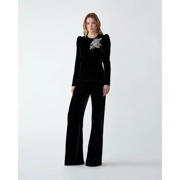 Carolina Herrera Rose-Embroidered Stretch Velvet Top in Black, view 2