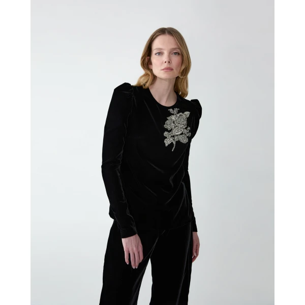 Carolina Herrera Rose-Embroidered Stretch Velvet Top in Black, view 4