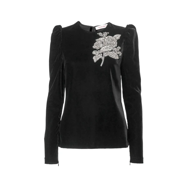 Carolina Herrera Rose-Embroidered Stretch Velvet Top in Black