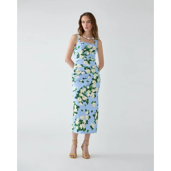 Carolina Herrera Rose-Print Draped Midi Dress in Cloudy Blue Mult, view 2