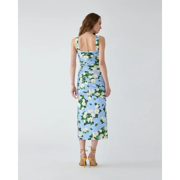 Carolina Herrera Rose-Print Draped Midi Dress in Cloudy Blue Mult, view 3