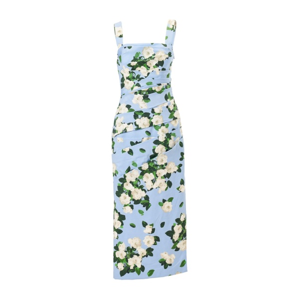 Carolina Herrera Rose-Print Draped Midi Dress in Cloudy Blue Mult