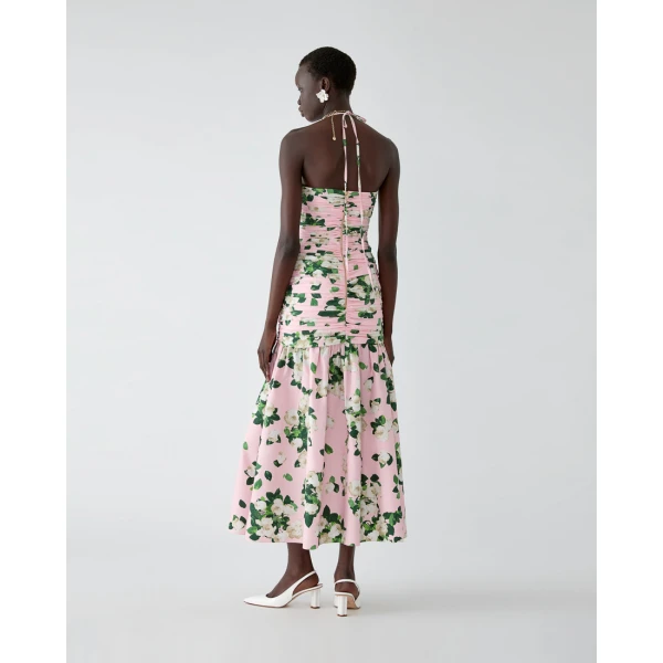 Carolina Herrera Rose-Print Gathered Midi Dress, view 3
