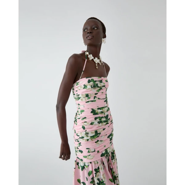 Carolina Herrera Rose-Print Gathered Midi Dress, view 4