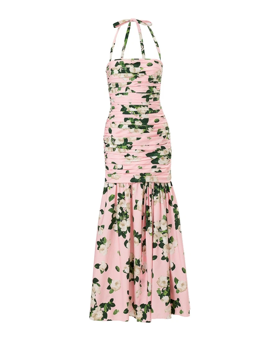 Carolina Herrera Rose-Print Gathered Midi Dress | Dresses | Luxury Shoes Carolina Herrera Rose-Print Gathered Midi Dress