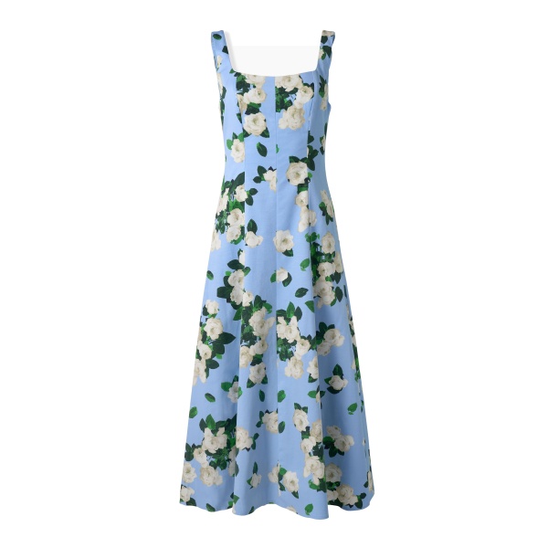 Carolina Herrera Rose-Print Midi Dress in Cloudy Blue Mult