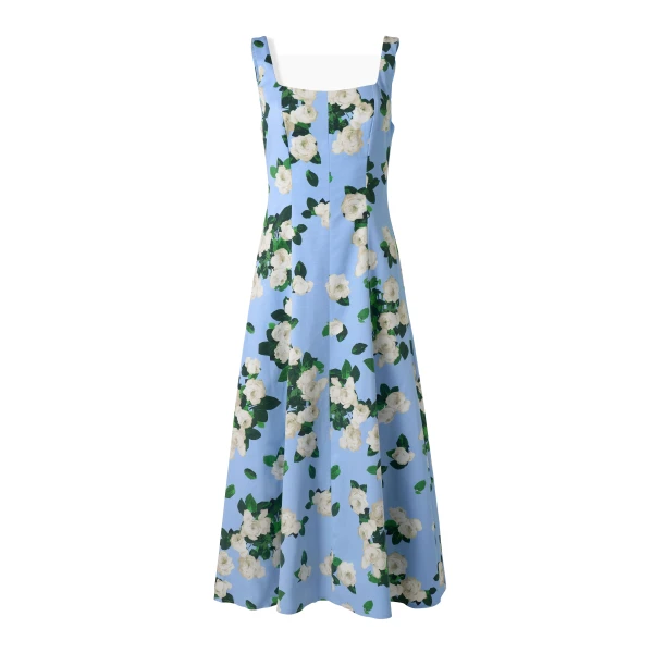 Rose-Print Midi Dress in Cloudy Blue Mult