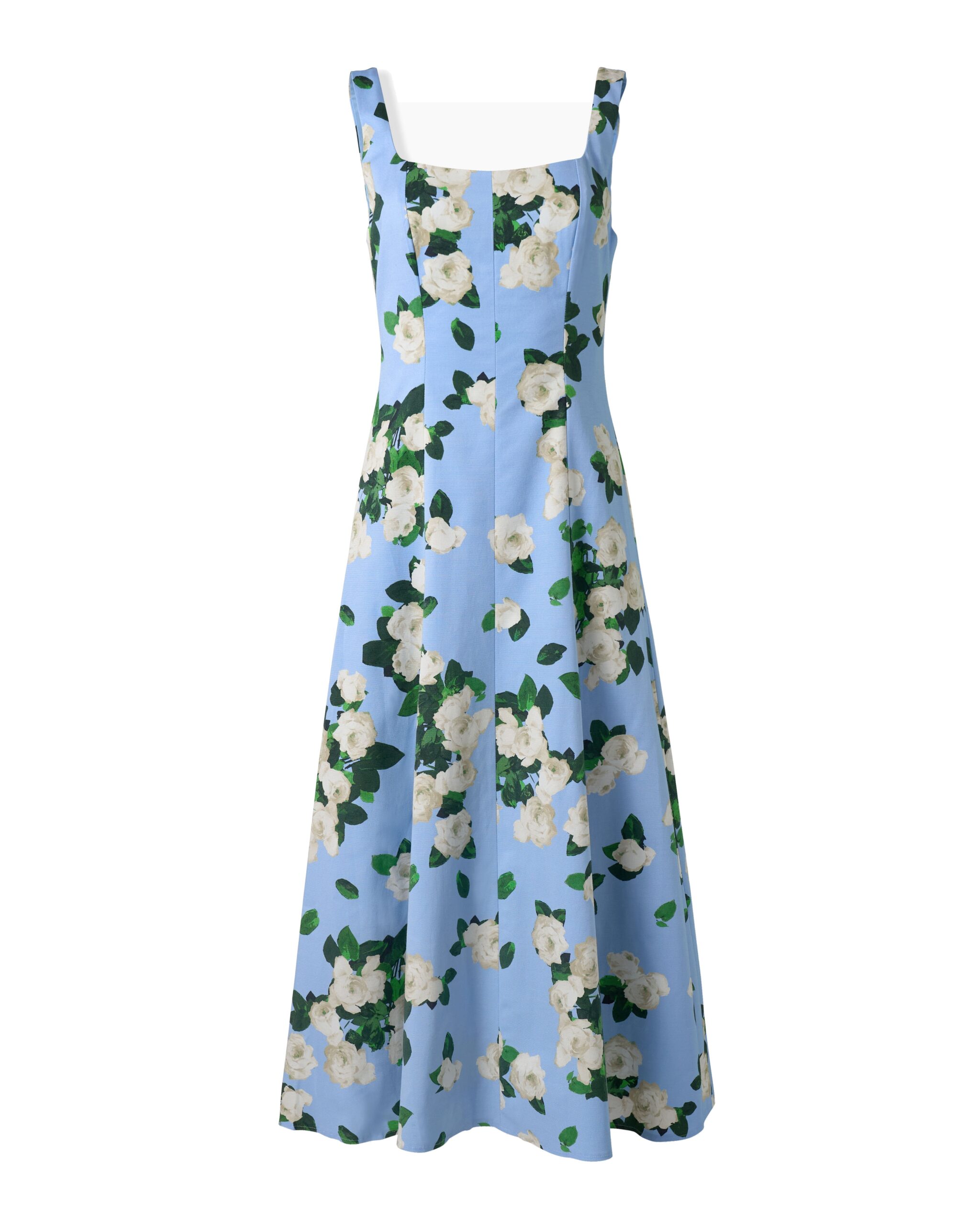 Carolina Herrera Rose-Print Midi Dress in Cloudy Blue Mult | Dresses | Luxury Shoes Carolina Herrera Rose-Print Midi Dress in Cloudy Blue Mult