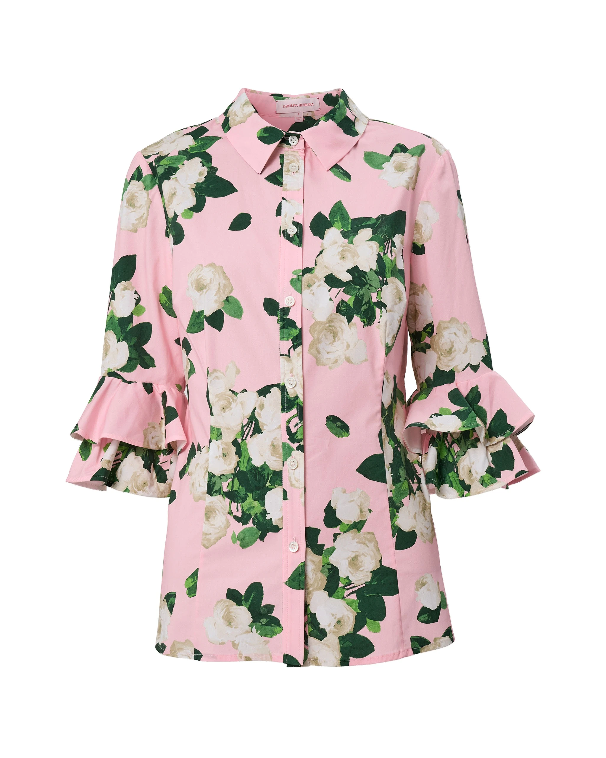 Carolina Herrera Rose-Print Ruffle-Sleeve Shirt | Tops | Luxury Shoes Carolina Herrera Rose-Print Ruffle-Sleeve Shirt