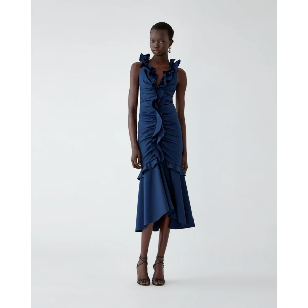 Carolina Herrera Ruched Midi Dress with Ruffles in Midnight, view 2